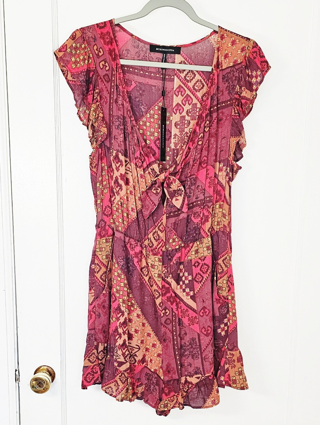 Bcbgmaxazria Patchwork Print Ruffle Sleeve Romper